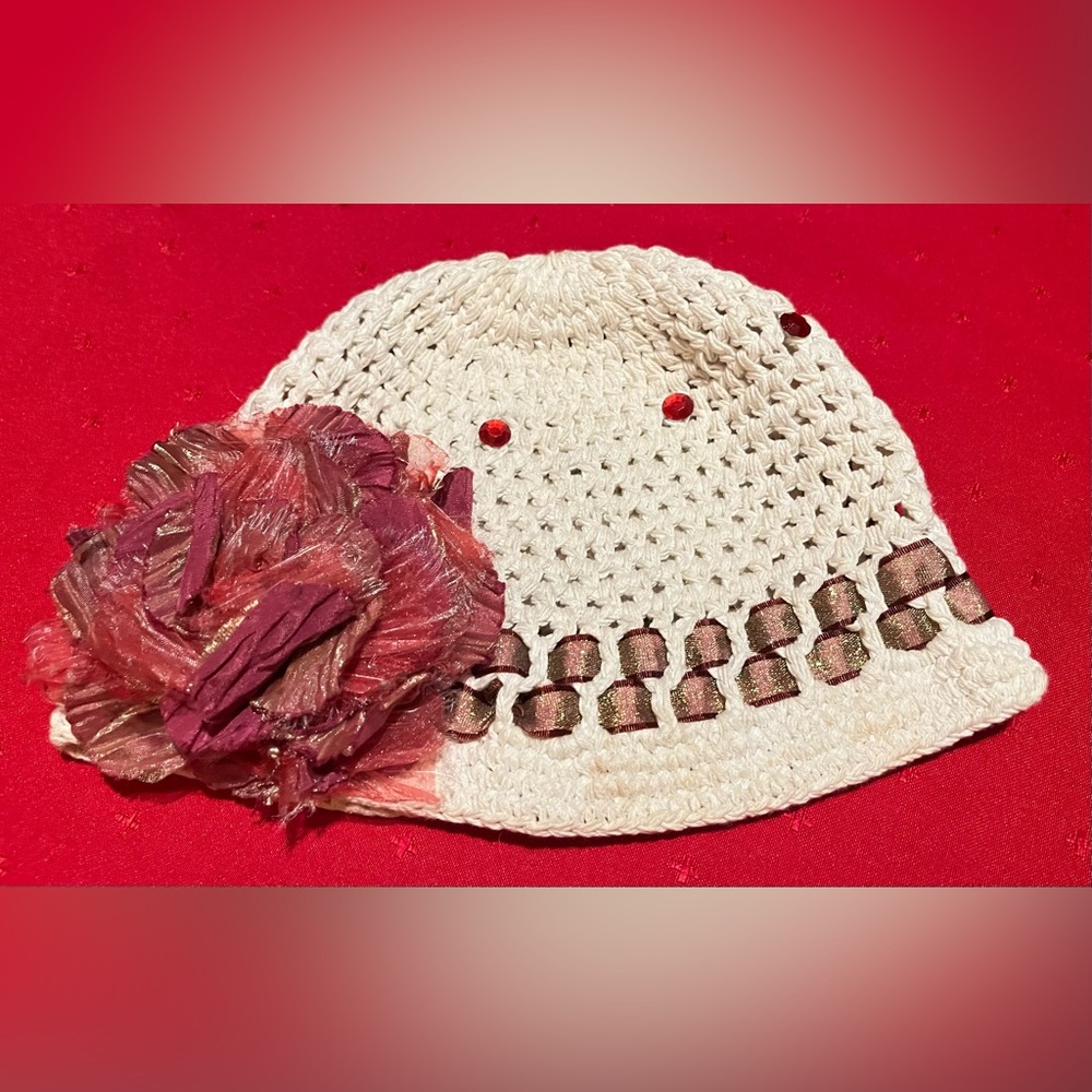 Elegant Cream Crochet Hat with Pink Accents